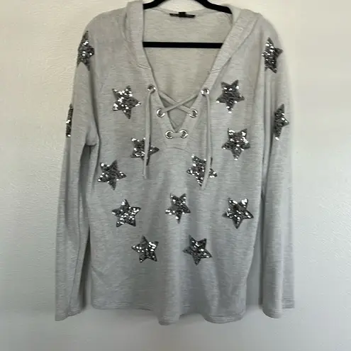 INC EUC  Grey Sweater Top Sequin Stars Top Lace Up sz XL