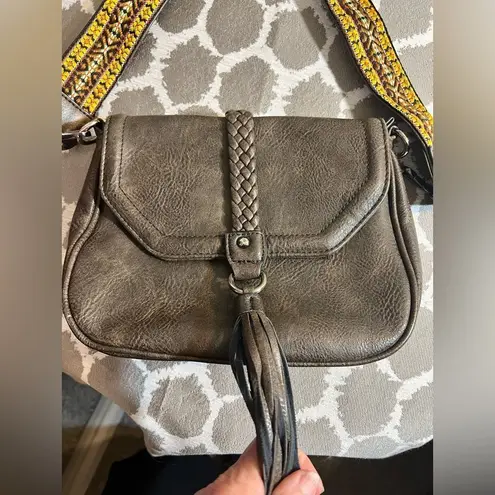 Antik Kraft Brown and Yellow Crossbody Bag with Tassel Detail and guitar strap