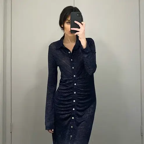 Suboo / Revolve Asha Metallic Lurex Ruched Midi Shirt Dress in Navy