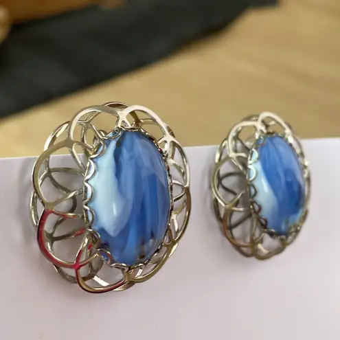 None Vintage style ornate earrings, large oval blue and silver