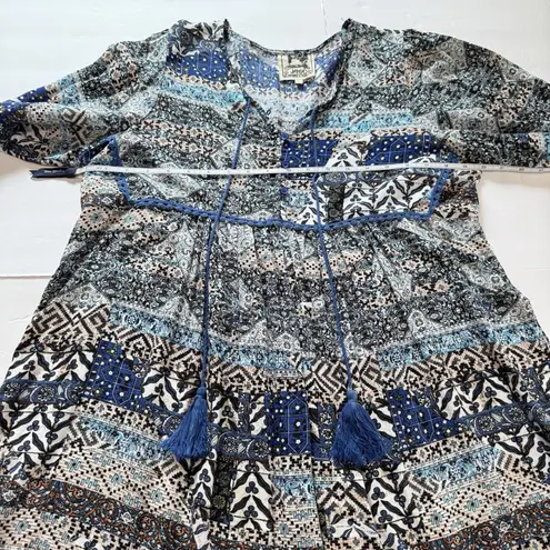 Jaase Blue Floral Babydoll Long Sleeve Boho Tassels Flare Dress Size LARGE