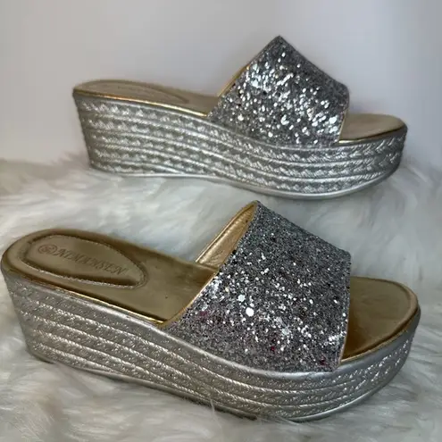 Silver Glitter Platform Shoes with Espadrille Sole Size 6
