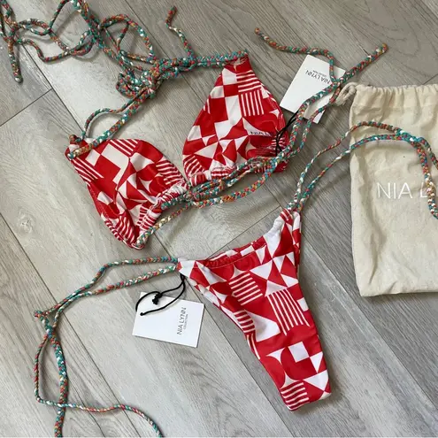 Nia Lynn Bikini Swimsuit NWT paradise geometric womens Red White Size M