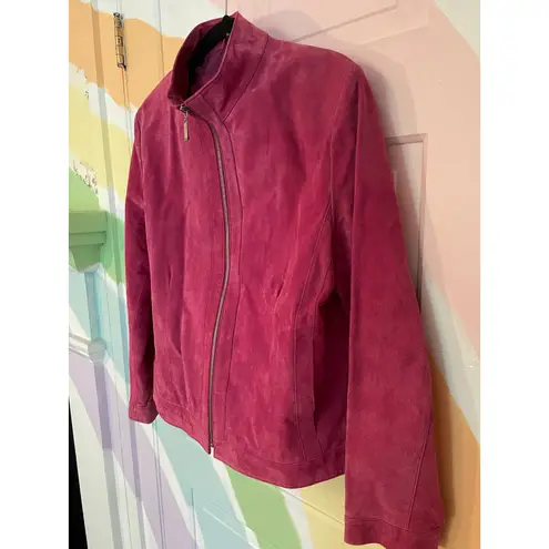 Reed Leather Co. Pink Suede Jacket Women’s Large Vintage Style Zip Up Moto Coat Red