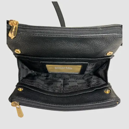 Michael Kors Jet Set Travel Crossbody Black Pebbled Leather Gold MK Logo