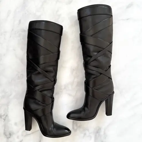 Saint Laurent Strappy Leather Wrap Around Tall Knee High Block Heeled Boot Black