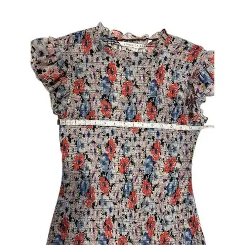 Veronica Beard Cici Ruched Smocked Ruffle Sleeve Floral Flower Mini Dress 0
