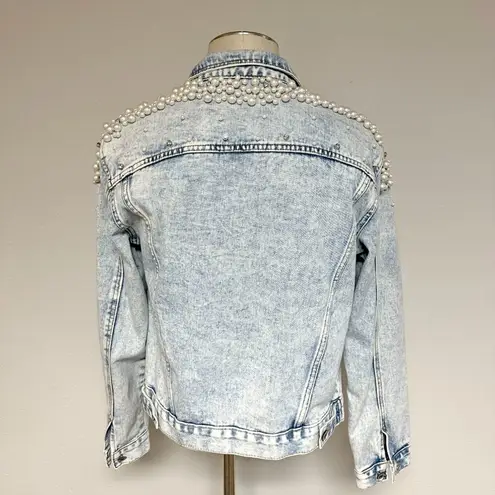 Pearls Beaded Denim Jacket Blue