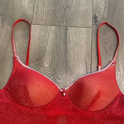 Cinema Etoile Red Shimmer Sheer Chemise Slip Size Medium Silver