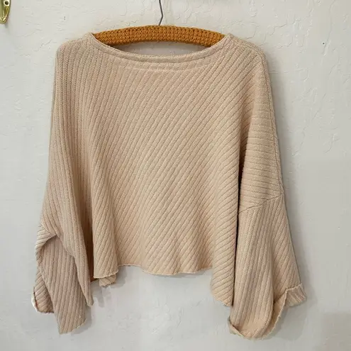 Free People  Sweater XS Cream Pink I Can't Wait Cropped Boxy Oversized Textured