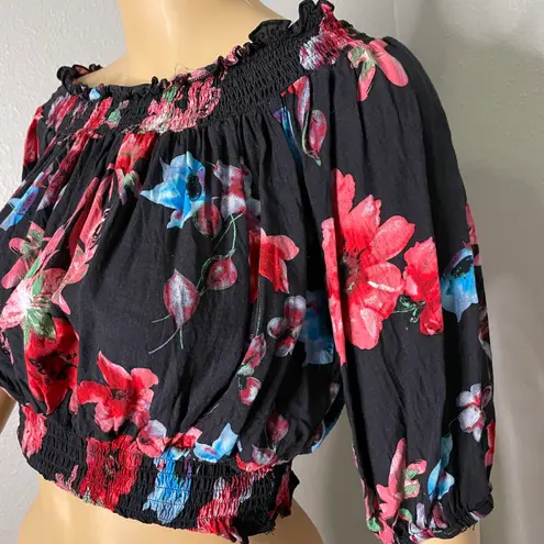 Peachy Girl Floral Black Pink Blue Red Ruffled Off Shoulder Croptop Size Large
