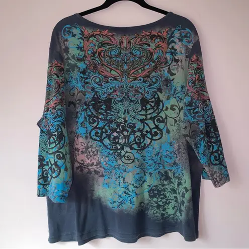 Vintage Essentials Size 1X Graphic V Neck Top Pastel Y2K Fairy Whimsical Blue