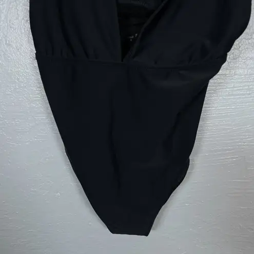 Aerie  Women M Black Layered One Piece Swimsuit Bandeau Deep V-Neck Full Coverage