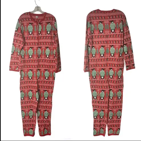 DEC 25 Christmas One Piece Pajamas Bodysuit Loungewear Penguins Adult Size Large Red