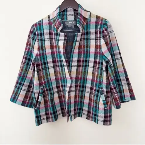 Anthropologie  Rosetta Crop Plaid Jacket 3/4 Sleeves Knit Size Large Multicolor