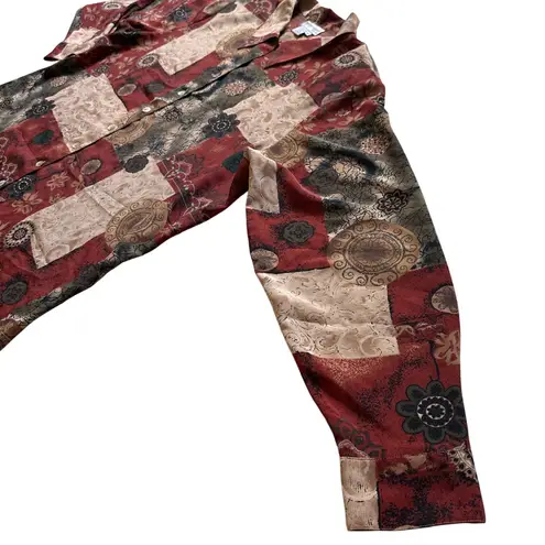 Patchwork Print Button Down Shirt Long Sleeve Boho Cottage Vintage 3XL Red Size 3X