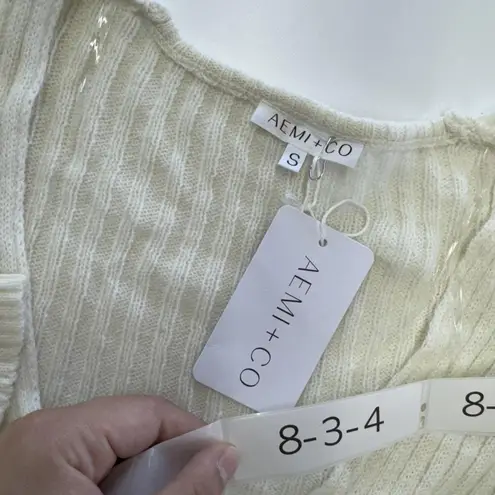 AEMI+CO Sweater Womens Small Cream Ribbed V Neck Pullover Long Sleeve Knit Soft