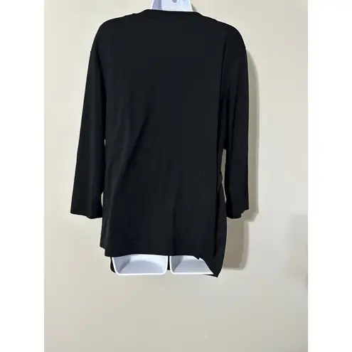 Bob Mackie Wearable Art Black Embroidered Floral V-Neck 3/4 Sleeve Top 1X