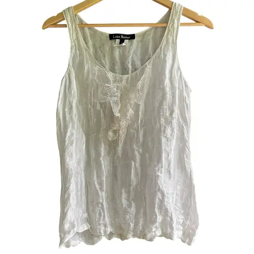 Lida Baday White Ruffled Sleeveless Tank Top Women's 10 Lace Sheer Silk Blend