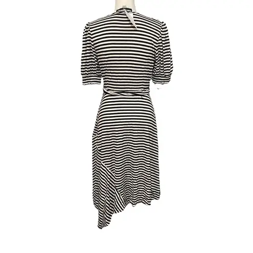 Karl Lagerfeld Paris Belted Striped Pouf Sleeve Round Neck Midi Fit Flare Dress