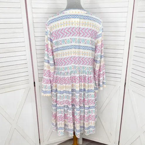 Destination 365 Floral V Neck Tiered Bell Sleeve Tunic Shift Dress White Multi Size M