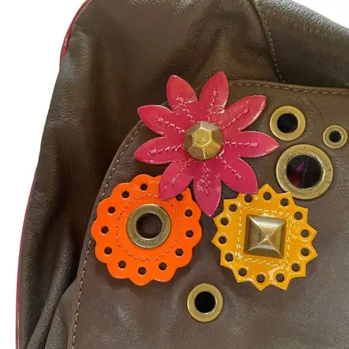 Moschino Cheap and Chic Brown Leather Studded Flower Hobo Handbag Purse