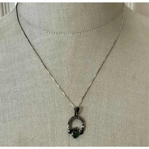 Solvar Heritage Sterling Silver Marcasite & Green Crystal Claddagh Necklace