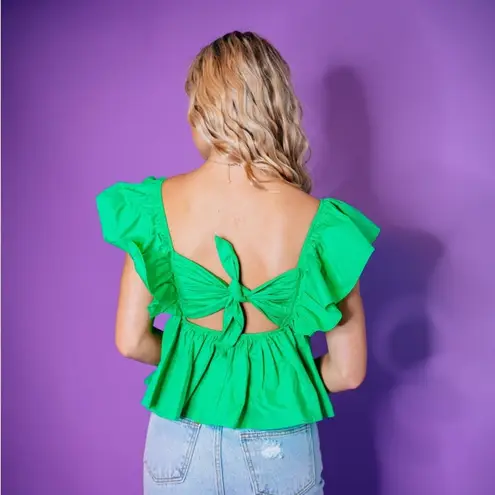 The Moon NEW NWT Day +  Kelly Green Tie Back Ruffle Sleeve Babydoll Top