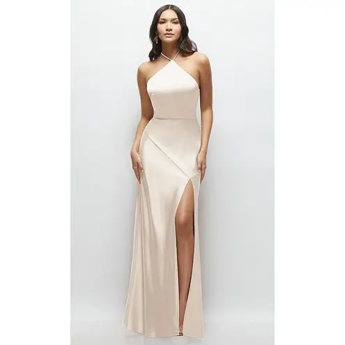 Lovely new beige satin halter bias cut asymmetric flowy maxi dress size L Tan Size L