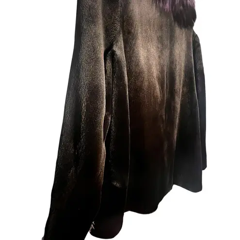 Sheared Mink and Farmed Fox Real Fur Coat Jacket Lush Luxury Purple Black Size 8