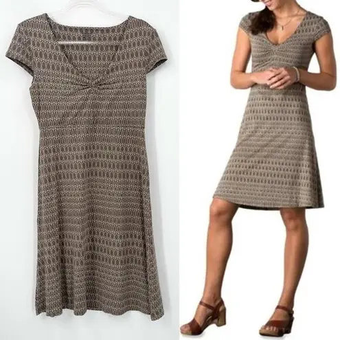 Toad&Co Rosemarie Dress Size Medium Falcon Brown Aspen Print Organic Cotton Tan