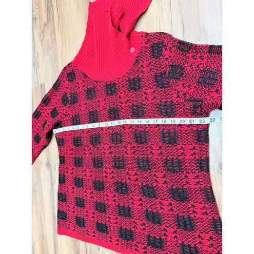 Coldwater Creek Wool Blend Red Black Knit Sweater XL Cowl Neck Button Detail