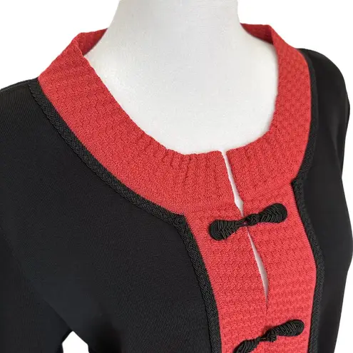 Misook Sweater Blazer Cardigan Black with Red Trim Frog Closure Size M