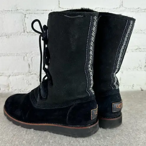 UGG  Romy Black Suede Leather Shearling Lace Up Boots Women’s Size 8