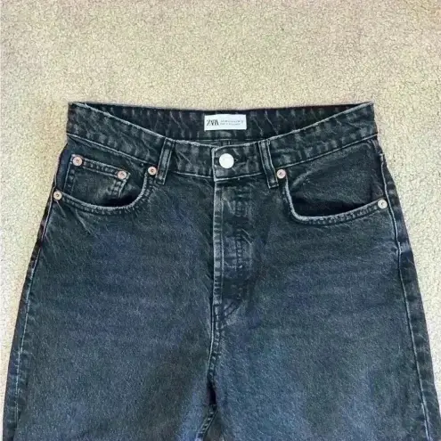 ZARA  black acid wash high rise mom boyfriend straight leg button front jeans