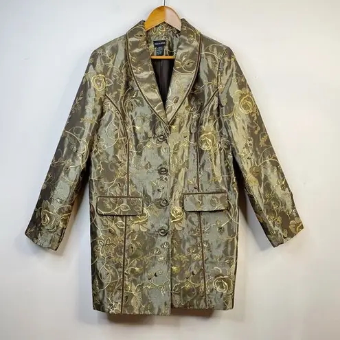 Field Manor Vintage Y2K Gold Brocade Floral Regency Ornate Long Jacket womens L Size L