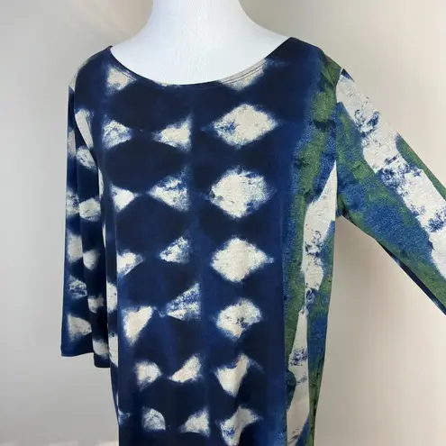 Clara Sun Woo Top Small Blue Green Gray Artsy Pattern Jersey Stretch 3/4 Sleeve