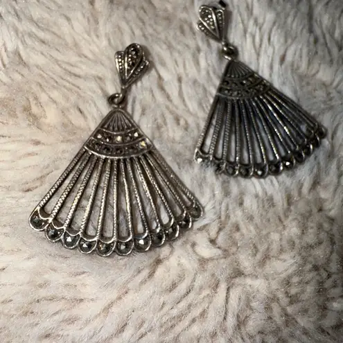 Sterling Silver Marcasite Fan Earrings 925 Dangle‎ Pierced Ears