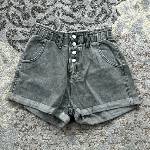 Denim Elastic High Waist Cuffed Shorts Black Large