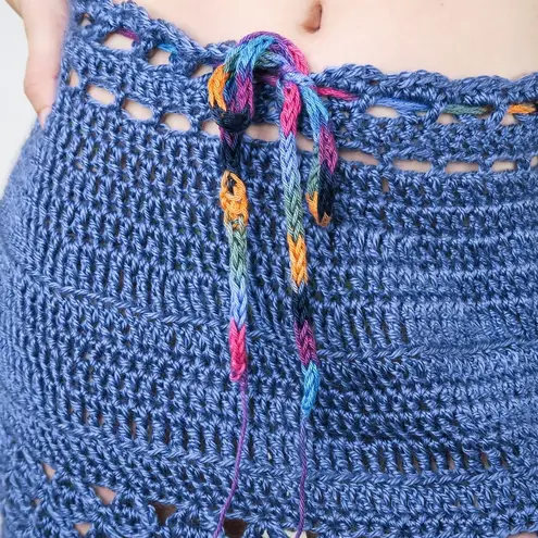 Vintage 90s Blue Knit Crochet Bikini Cover Up Mini Skirt Size M