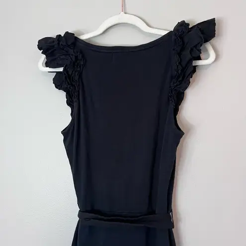 Nation Ltd Everleigh Frilly Ruffle Scoop Neck Tiered Belted Midi Dress Jet Black