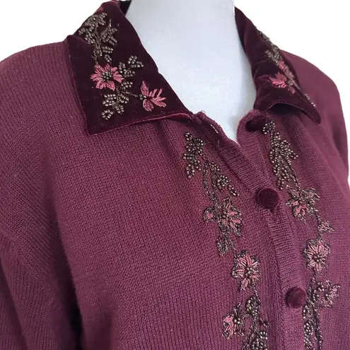 Vintage Beaded Sweater Size M Velour Collar Burgundy Wine Red Tiara Size M