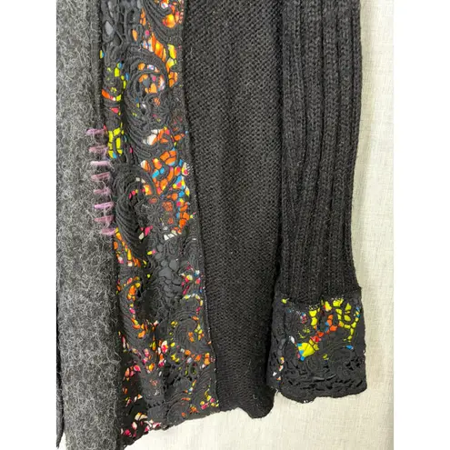 Clotheshead Black Gray Multicolor Knit Wearable Art Patchwork Cardigan Coat L Size XL