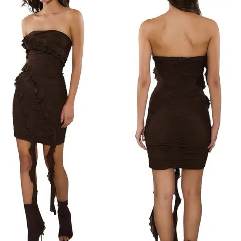 Rare London Ruched Mesh Bodycon Mini Dress Brown Size 8 NWT