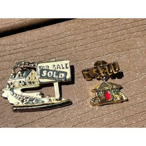 Home House Gold Tone Vintage Jewelry Lot of 2 Lapel Pins Bracelet Realtor Realty