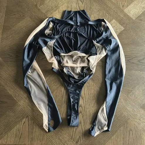 MUGLER Panelled Long Sleeve Illusion Mesh Cut Out Bodysuit Top, Size 44. $975 Black