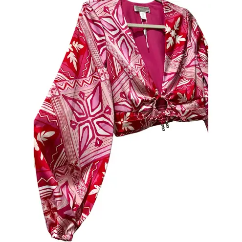 New Caroline Constas Stunning Satin Pink / Red Bell Sleeve Crop Top Medium