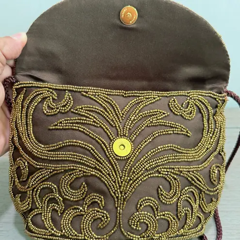 Vintage Walbaeg Beaded Satin Evening Bag Dressy Formal Purse Brown Crossbody