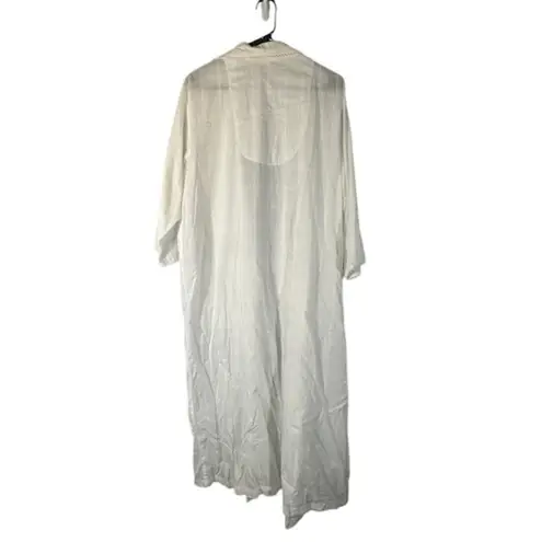 Laura Ashley White Cotton Embroidered Floral Kimono Long Robe Women Sz L VTG