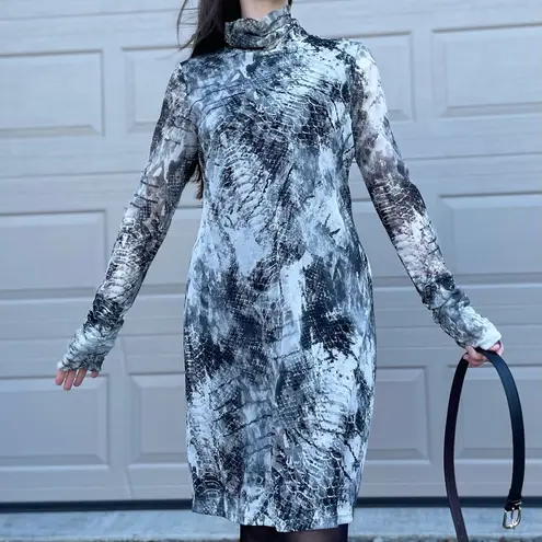 Boston Proper Y2K Vintage Snakeskin Mesh Mock Neck Long Sleeve Mini Dress Large